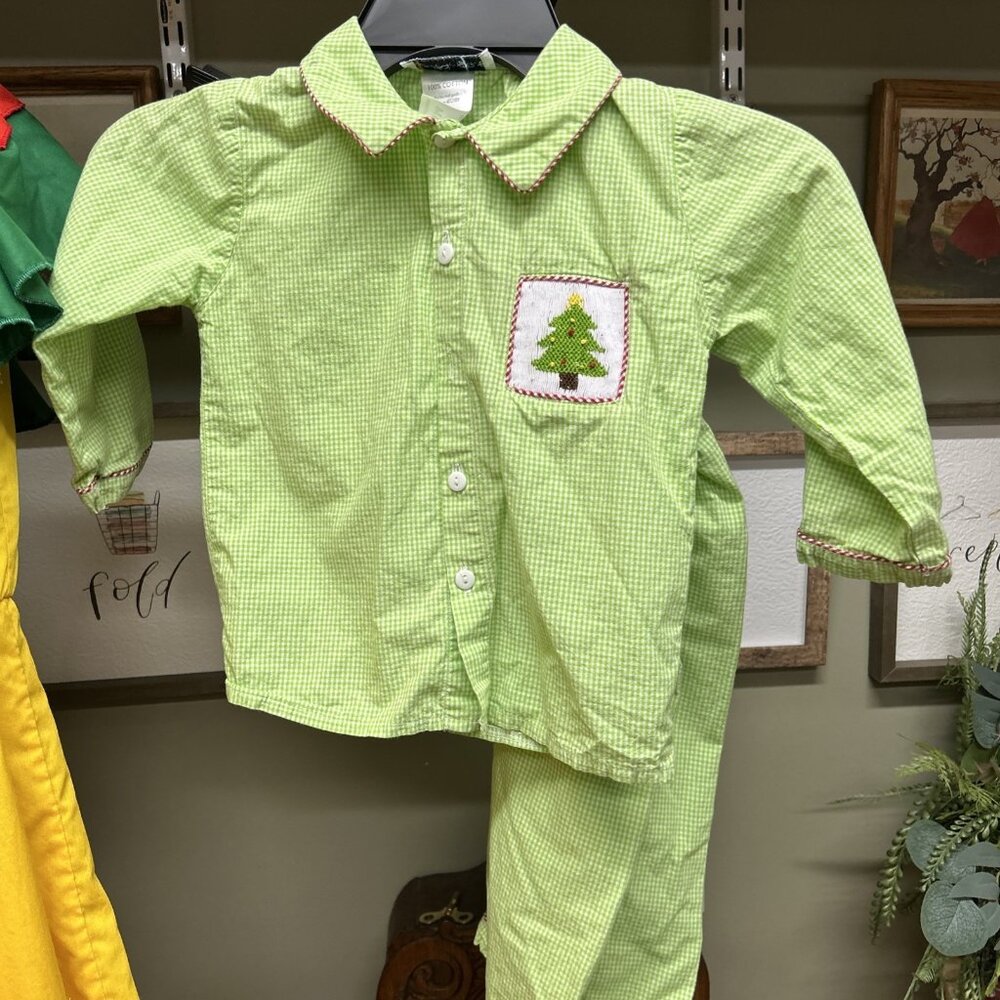 The Smocking Bug Christmas Pajamas 24 Months Green Gingham 2pc Set READ Descript